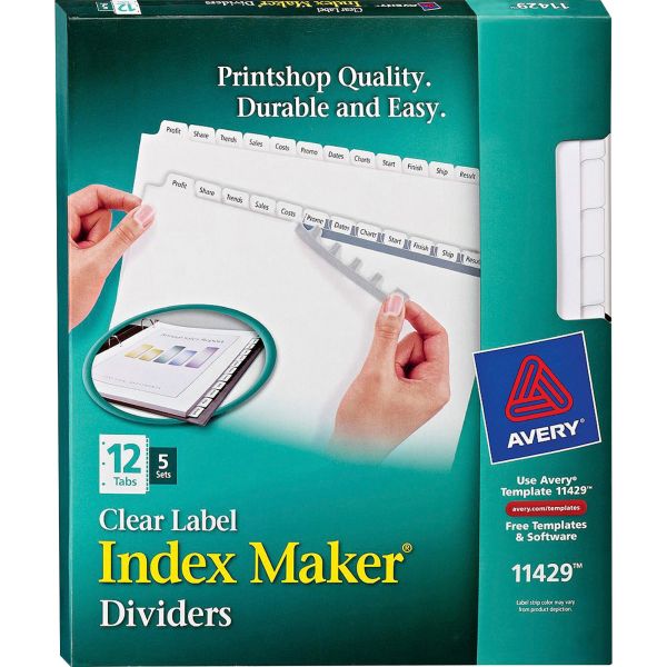 AVE11429 Avery Print & Apply Clear Label Dividers, 12-Tab, White Tab, Letter, 5 Sets