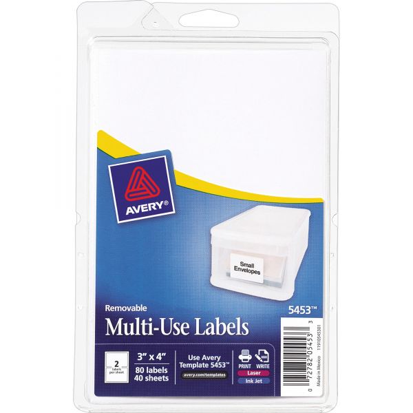 AVE05453 Avery Removable Multi-Use Labels, 3 x 4, White, 80/Pack