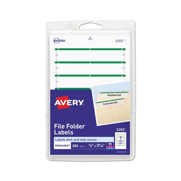 AVE05203 Avery Print or Write File Folder Labels, 11/16 x 3 7/16, White/Green Bar, 252/Pack
