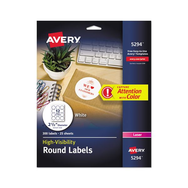 AVE5294 Avery High-Visibility Round Permanent ID Labels, Laser, 2 1/2 dia, White, 300/Pack