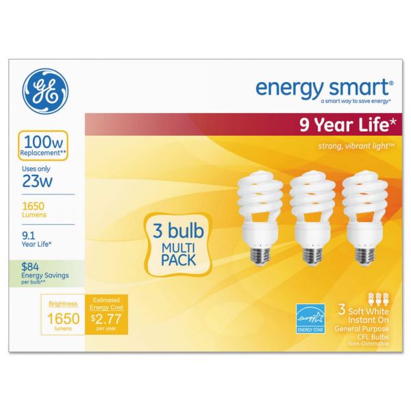 GEL92783 GE Energy Smart Compact Fluorescent Light Bulb, 1650 lm, 120 V, Soft White, 3/Pack