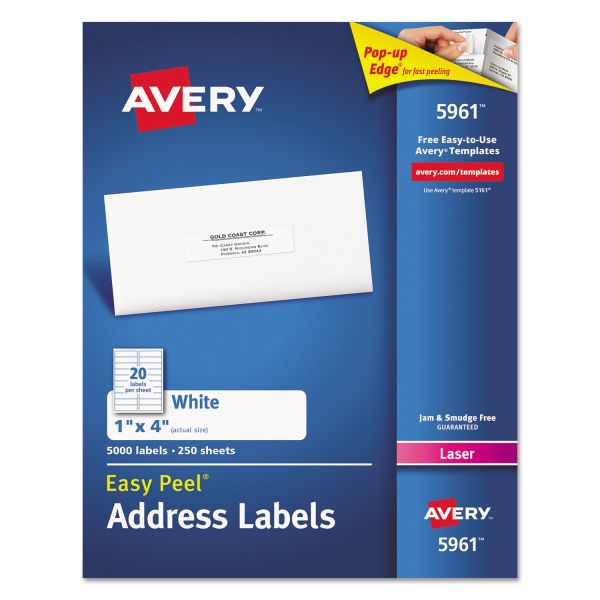 AVE5961 Avery Easy Peel Mailing Address Labels, Laser, 1 x 4, White, 5000/Box
