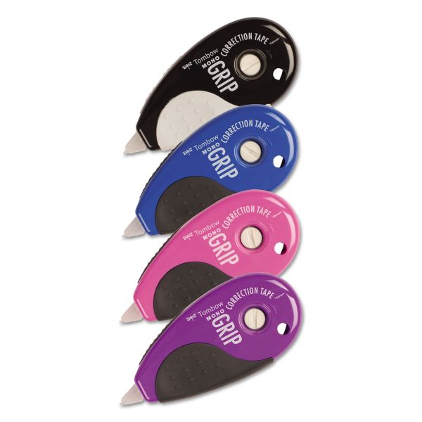 TOM68762 Tombow MONO Grip Top-Action Correction Tape, Black/Blue/Pink/Purple, 1/5" x 394", 4/Pk