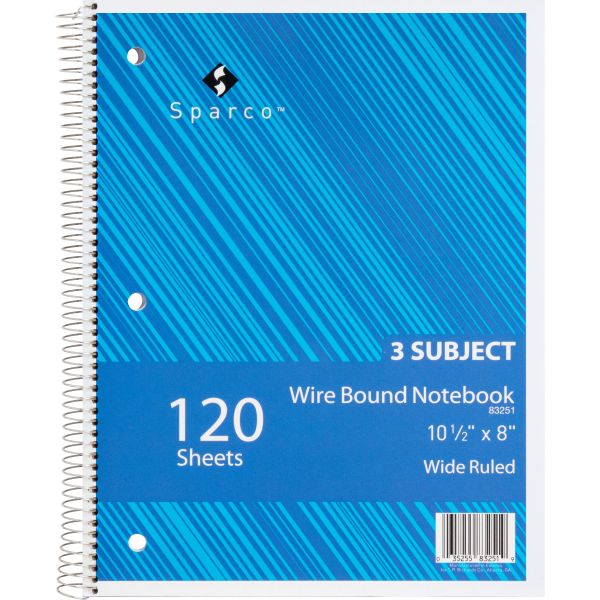 SPR83251 Sparco 3-Subject Wide Ruled Spiral Notebook