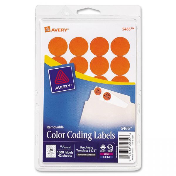 AVE05465 Avery Printable Removable Color-Coding Labels, 3/4" dia, Orange, 1008/Pack