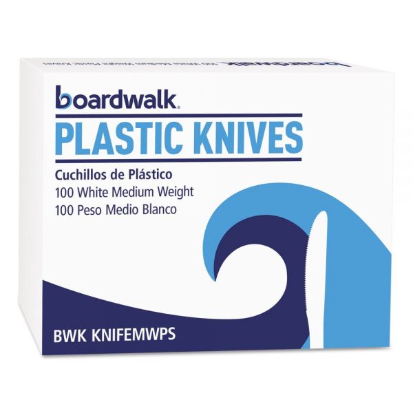 BWKKNIFEMWPSBX Boardwalk Mediumweight Polystyrene Cutlery, Knife, White, 100/Box