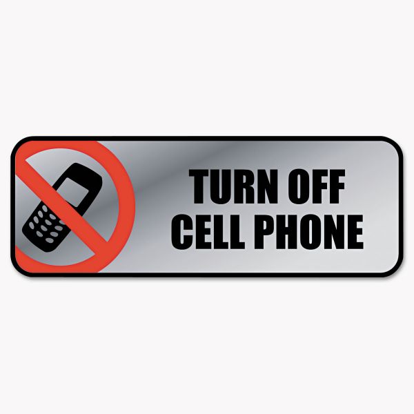 COS098211 COSCO Brushed Metal Office Sign, Turn Off Cell Phone, 9 x 3, Silver/Red