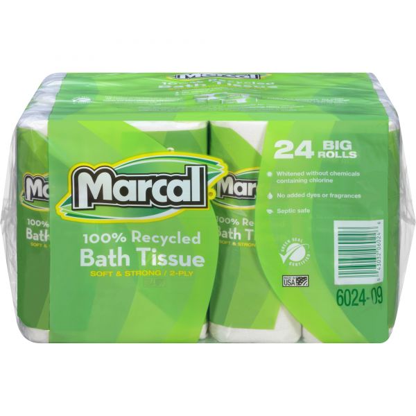 MRC6024 Marcal 100% Recycled Toilet Paper Roll, 2-Ply, White, 3 7/10 x 4 33/100 Sheet, 168 Sheets/Roll, 24 Rolls/Carton