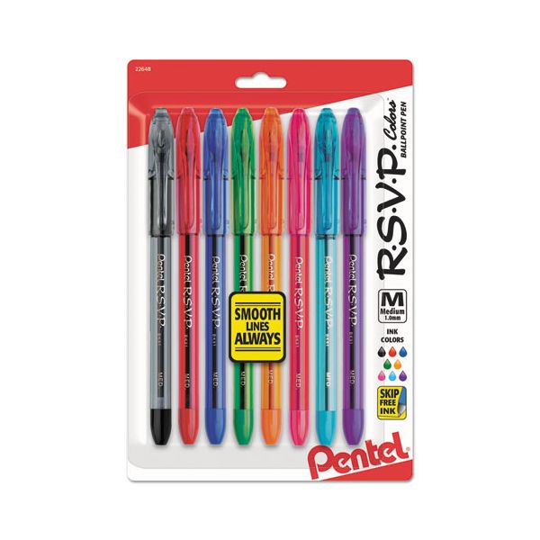 PENBK91CRBP8M Pentel R.S.V.P. Stick Ballpoint Pen, 1mm, Assorted Barrel, Assorted Ink, 8/Set