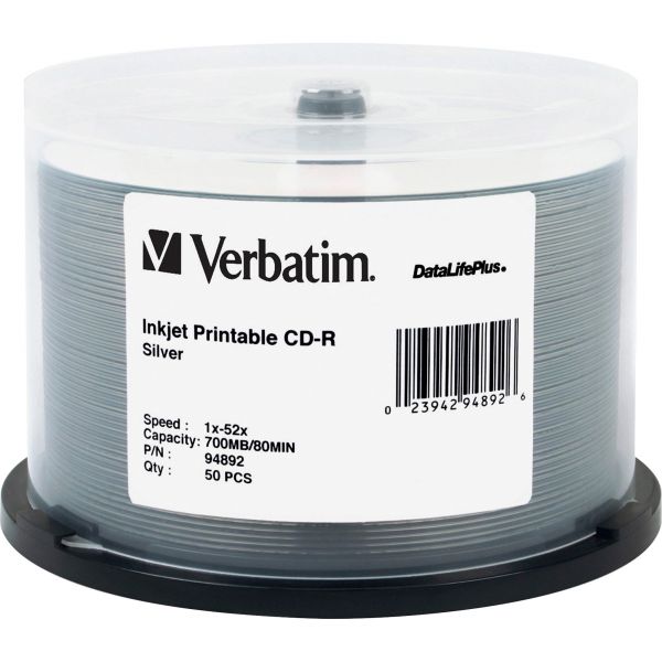 VER94892 Verbatim CD-R Discs, Printable, 700MB/80min, 52x, Spindle, Silver, 50/Pack