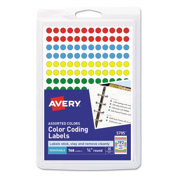 AVE05795 Avery Handwrite Only Removable Round Color-Coding Labels, 1/4" dia, Assorted, 768/Pack