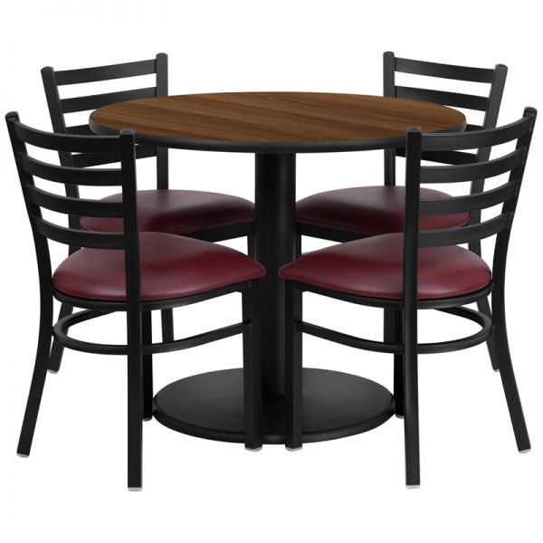 FHFRSRB1008GG Flash Furniture 36'' Round Walnut Laminate Table Set with 4 Ladder Back Metal Chairs - Burgundy Vinyl Seat