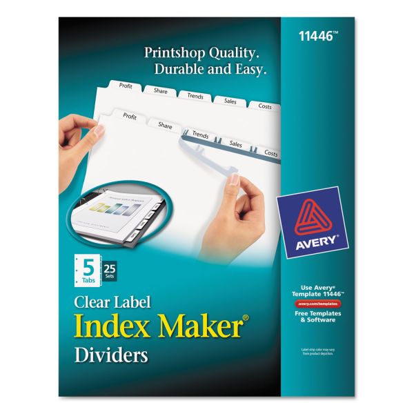 AVE11446 Avery Print & Apply Clear Label Dividers w/White Tabs, 5-Tab, Letter, 25 Sets