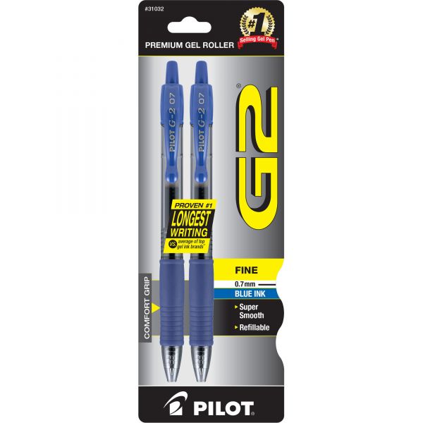 PIL31032 Pilot G2 Premium Retractable Gel Ink Pen, Refillable, Blue Ink, .7mm, 2/Pack