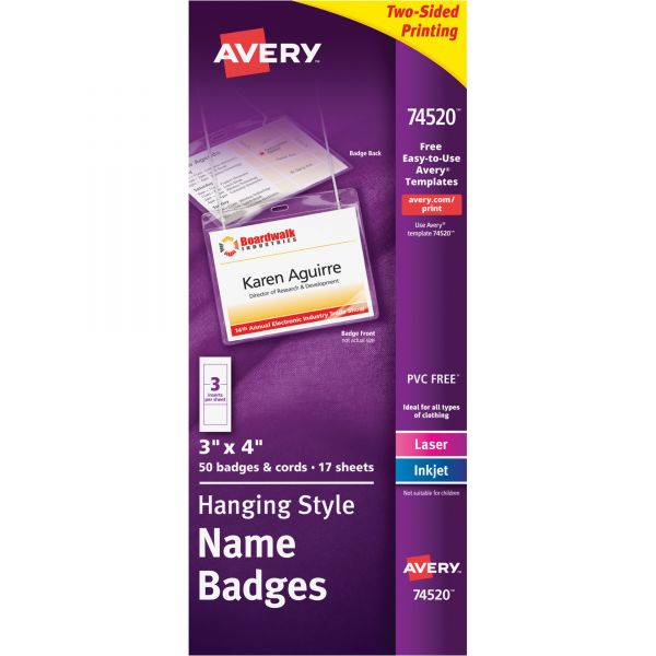AVE74520 Avery Neck Hang Badge Holder w/Laser/Inkjet Insert, Top Load, 3h x 4w, White, 50/BX