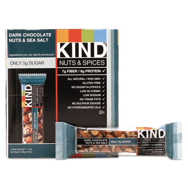 KND17851 KIND Nuts and Spices Bar, Dark Chocolate Nuts and Sea Salt, 1.4 oz, 12/Box
