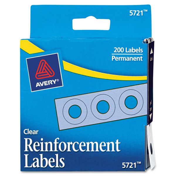 AVE05721 Avery Dispenser Pack Hole Reinforcements, 1/4" Dia, Clear, 200/Pack