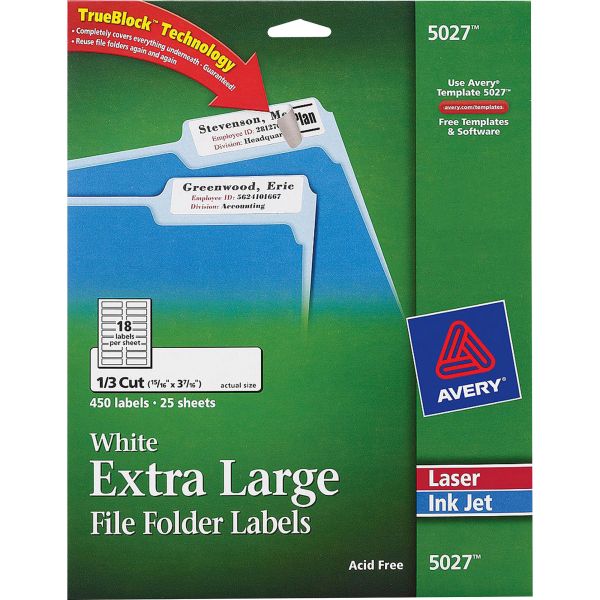AVE5027 Avery X-Large 1/3-Cut File Folder Labels w/TrueBlock, 15/16 x 3 7/16, White, 450/Pack