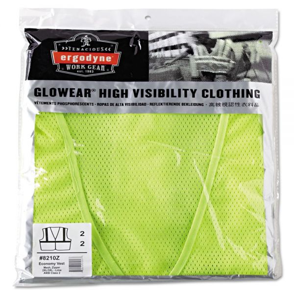 EGO21057 ergodyne GloWear 8210Z Class 2 Economy Vest, Polyester Mesh, Zipper Closure, Lime, 2L/3XL