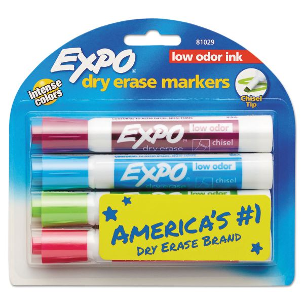 SAN81029 EXPO Low Odor Dry Erase Marker, Chisel Tip, Classic Colors Assorted, 4/Set