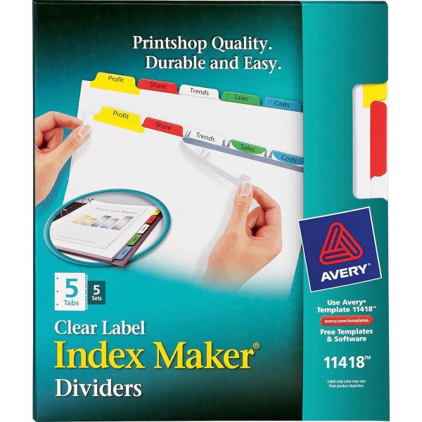 AVE11418 Avery Print & Apply Clear Label Dividers, 5-Tab, Multi-color Tab, Letter, 5 Sets