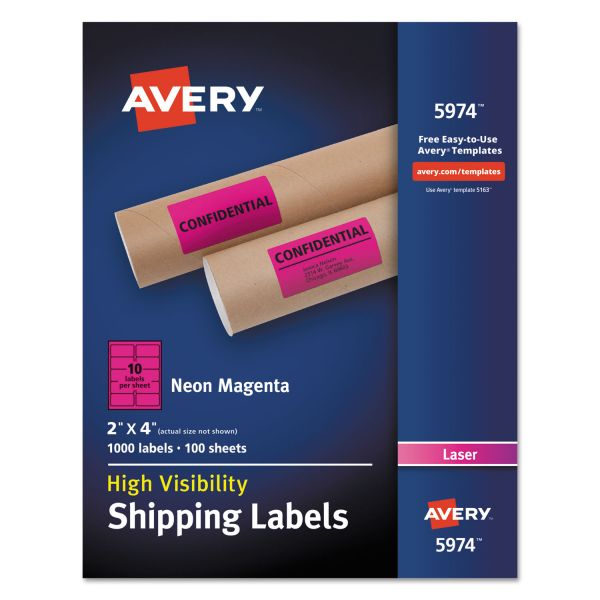 AVE5974 Avery Neon Shipping Label, Laser, 2 x 4, Neon Magenta, 1000/Box
