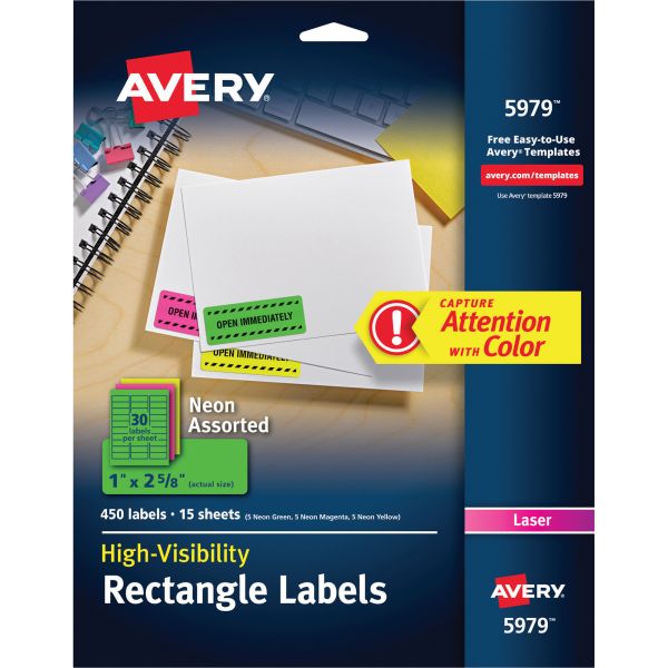 AVE5979 Avery High-Visibility Permanent ID Labels, Laser, 1 x 2 5/8, Asst. Neon, 450/Pack