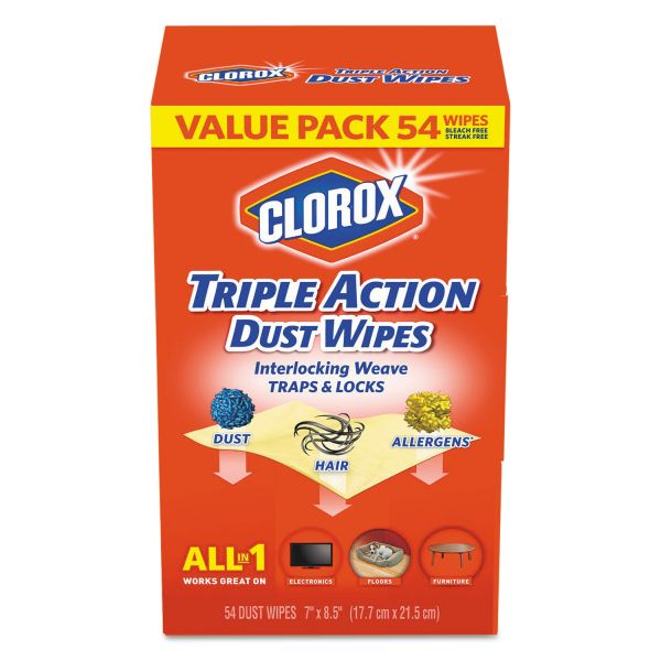 CLO31312EA Clorox Triple Action Dust Wipes, White, 7 x 8 1/2, 54/Box