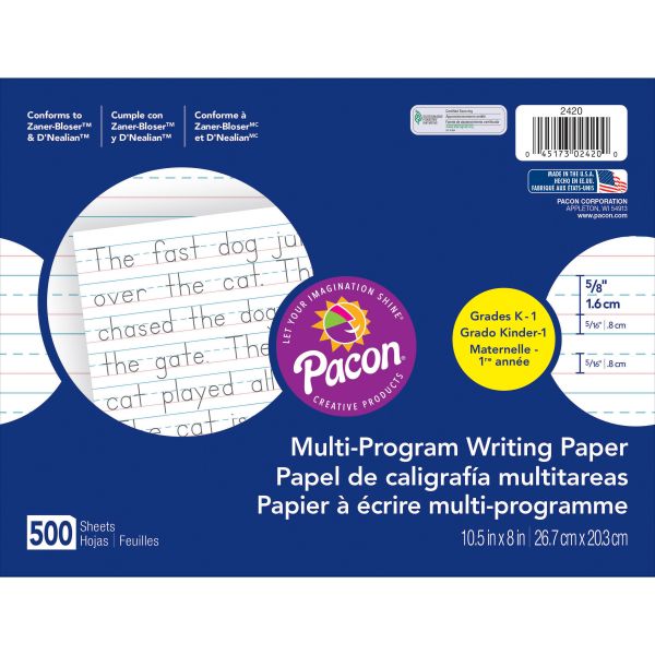 PAC2420 Pacon Multi-Program Handwriting Paper, 5/8" Long Rule, 10-1/2 x 8, White, 500 Shts/Pk