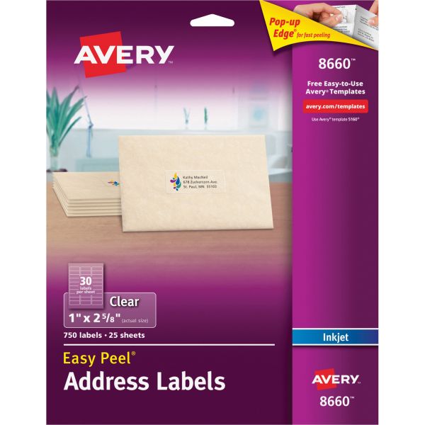 AVE8660 Avery Matte Clear Easy Peel Address Labels, 1 x 2 5/8, 750/Pack