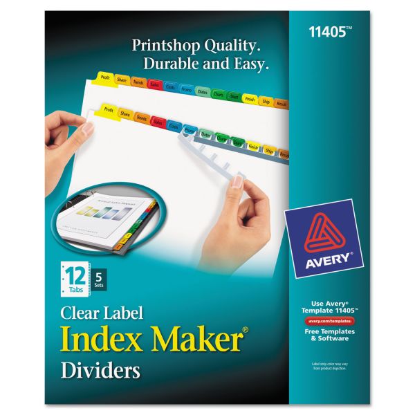 AVE11405 Avery Print & Apply Clear Label Dividers, 12-Tab, Multi-color Tab, Letter, 5 Sets