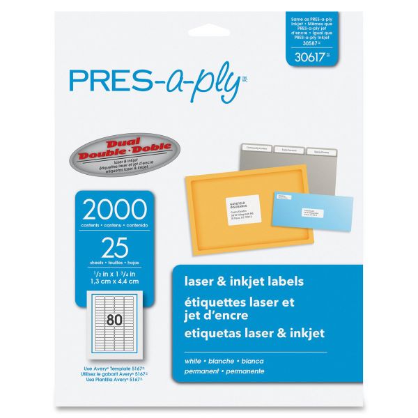 AVE30617 PRES-a-ply Laser Address Labels, 1/2 x 1 3/4, White, 2000/Pack