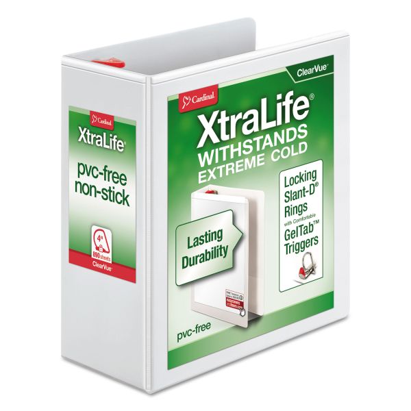 CRD26340 Cardinal XtraLife ClearVue Non-Stick Locking 3-Ring View Binder, 4" Capacity, Slant-D Ring, White