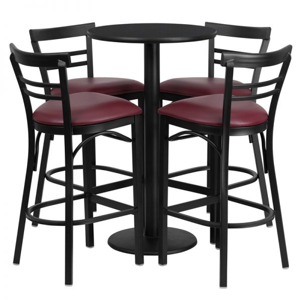 FHFRSRB1037GG Flash Furniture 24'' Round Black Laminate Table Set with 4 Ladder Back Metal Barstools - Burgundy Vinyl Seat