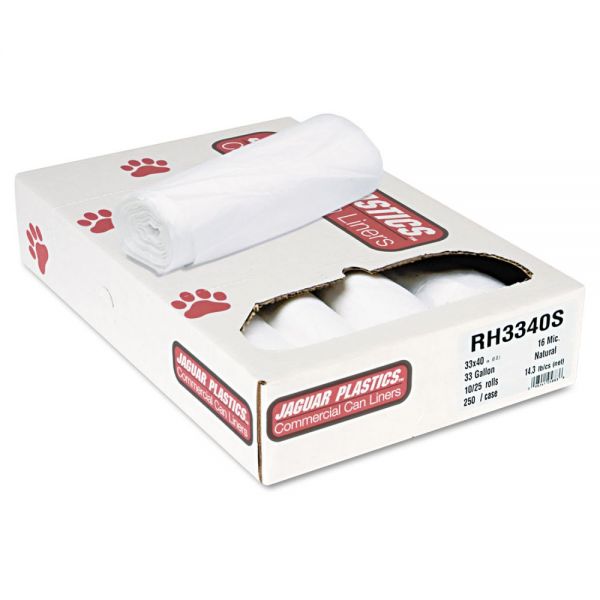 JAGRH3340S Jaguar Plastics Super Extra-Heavy Bags, 33gal, 16mic, 33 x 40, Natural, 25 Bags/RL, 10 Rolls/CT