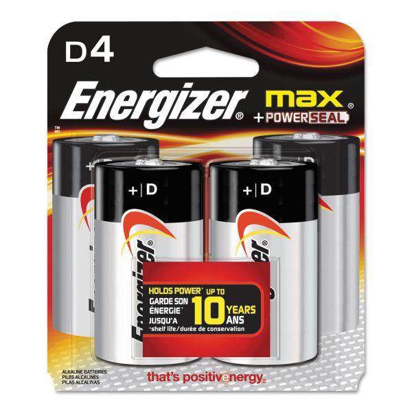 EVEE95BP4 Energizer MAX Alkaline Batteries, D, 4 Batteries/Pack