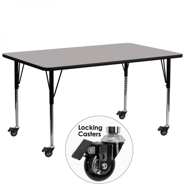 FHFXUA3072RECGYHACASGG Flash Furniture Mobile 30''W x 72''L Rectangular Activity Table with 1.25'' Thick High Pressure Grey Laminate Top and Standard Height Adjustable Legs