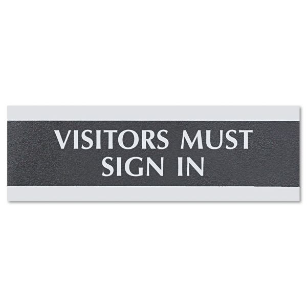 USS4763 Headline Sign Century Series Office Sign, VISITORS MUST SIGN IN, 9 x 3, Black/Silver