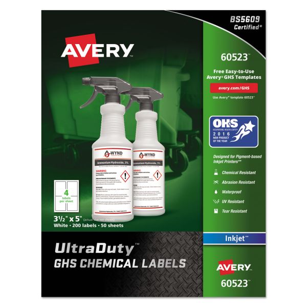 AVE60523 Avery GHS Chemical Waterproof & UV Resistent Labels, Inkjet, 3.5 x 5, 200/Pack