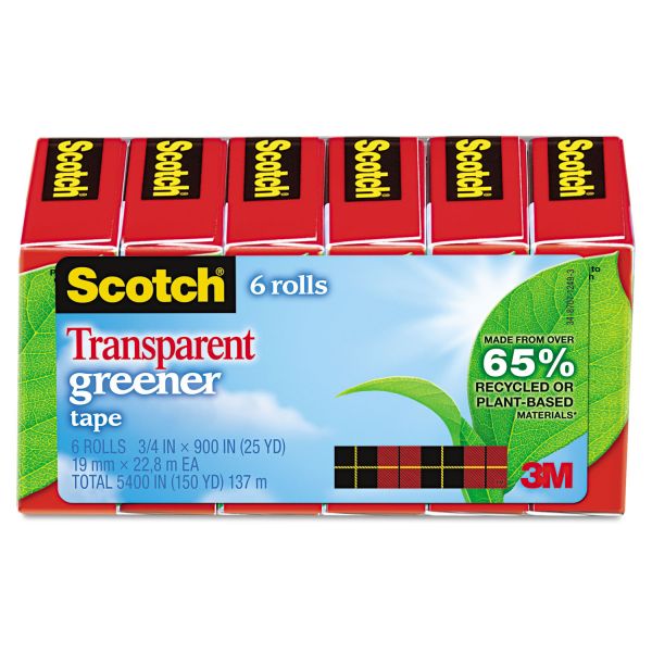MMM6126P Scotch Transparent Greener Tape, 3/4" x 900", 1" Core, 6/Pack