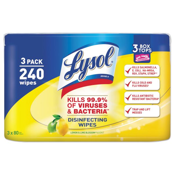 RAC84251CT LYSOL Brand Disinfecting Wipes, 7x8, Lemon and Lime Blossom, 80/Canister, 3/Pack, 2 Packs/CT