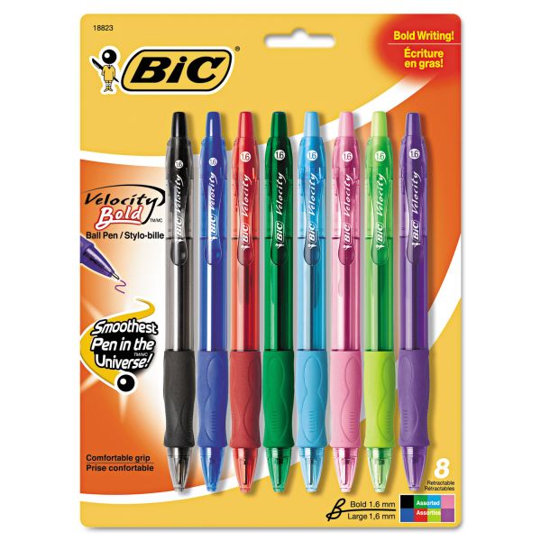 BICVLGBAP81AST BIC Velocity Retractable Ballpoint Pen, Assorted Ink, 1.6mm, Bold, 8/Pack