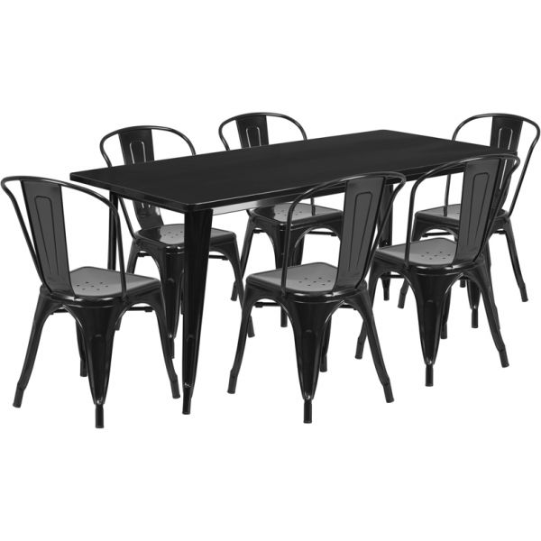 FHFETCT005630BKGG Flash Furniture 31.5'' x 63'' Rectangular Black Metal Indoor-Outdoor Table Set with 6 Stack Chairs