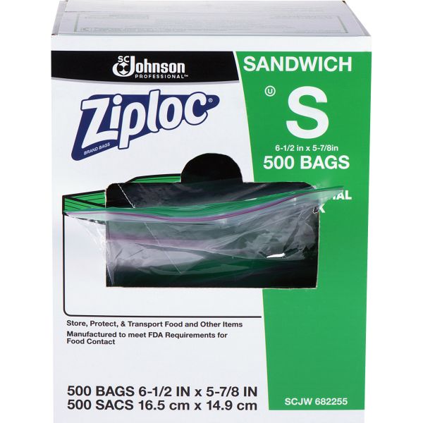 SJN682255 Ziploc Resealable Sandwich Bags, 1.2mil, 6 1/2 x 6, Clear, 500/Box