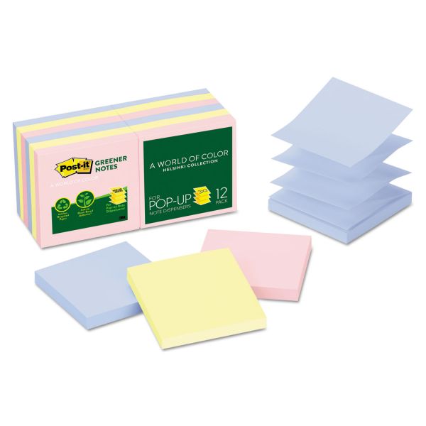 MMMR330RP12AP Post-it Greener Notes Recycled Pop-up Notes, 3 x 3, Assorted Helsinki Colors, 100-Sheet, 12/Pack
