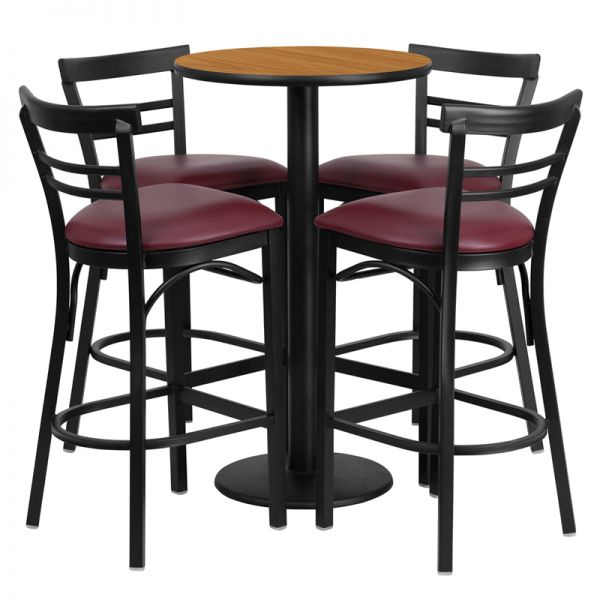FHFRSRB1039GG Flash Furniture 24'' Round Natural Laminate Table Set with 4 Ladder Back Metal Barstools - Burgundy Vinyl Seat