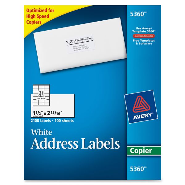 AVE5360 Avery Copier Address Labels, 1 1/2 x 2 13/16, White, 2100/Box