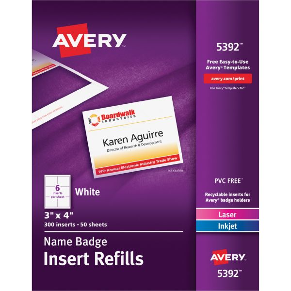 AVE5392 Avery Name Badge Insert Refills, Horizontal, 3 x 4, White, 300/Box
