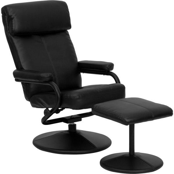 FHFBT7863BKGG Flash Furniture Contemporary Black Leather Recliner and Ottoman with Leather Wrapped Base