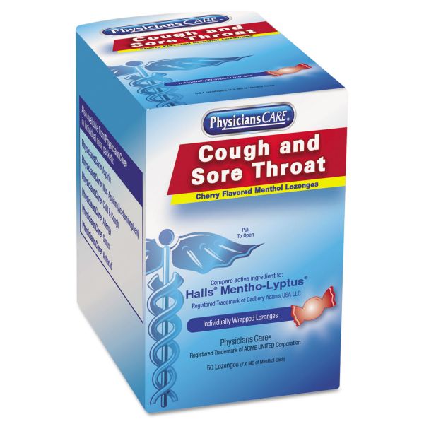 ACM90306 PhysiciansCare Cough and Sore Throat, Cherry Menthol Lozenges, 50 Individually Wrapped per Box